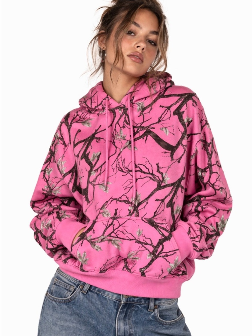 Pink Camo Hoodie Tree Print Sweatshirt Y2K Streetwear Pullover